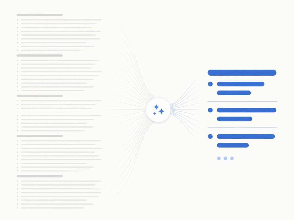 Note Taker cover showing a long document condensed into summarized notes by an AI model